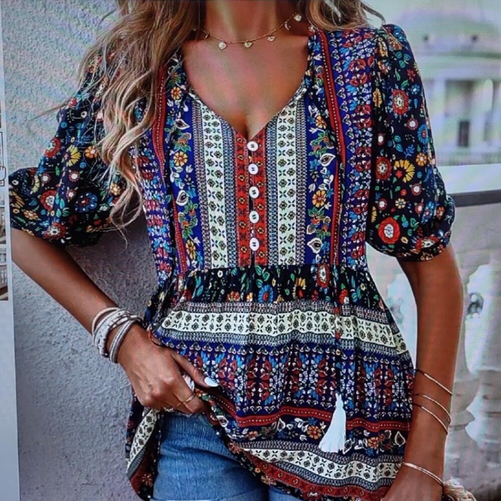 NEW! VERY CUTE WOMEN SHEIN PEASANT BOHO HIPPIE TUNIC SZ M